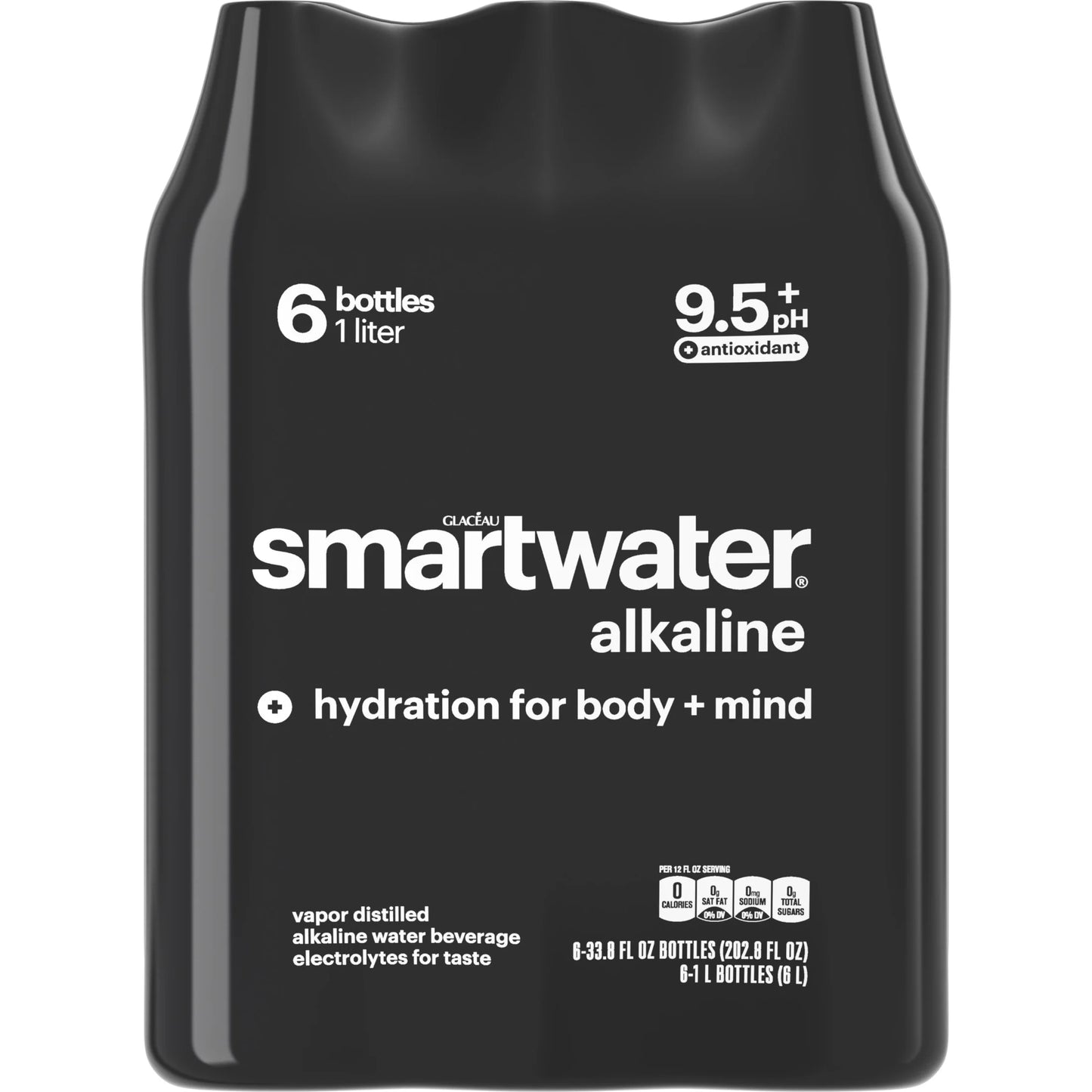 Smartwater Alkaline with Antioxidant Ionized Electrolyte Vapor-Distilled Water Bottles, 1L, 6 Pack