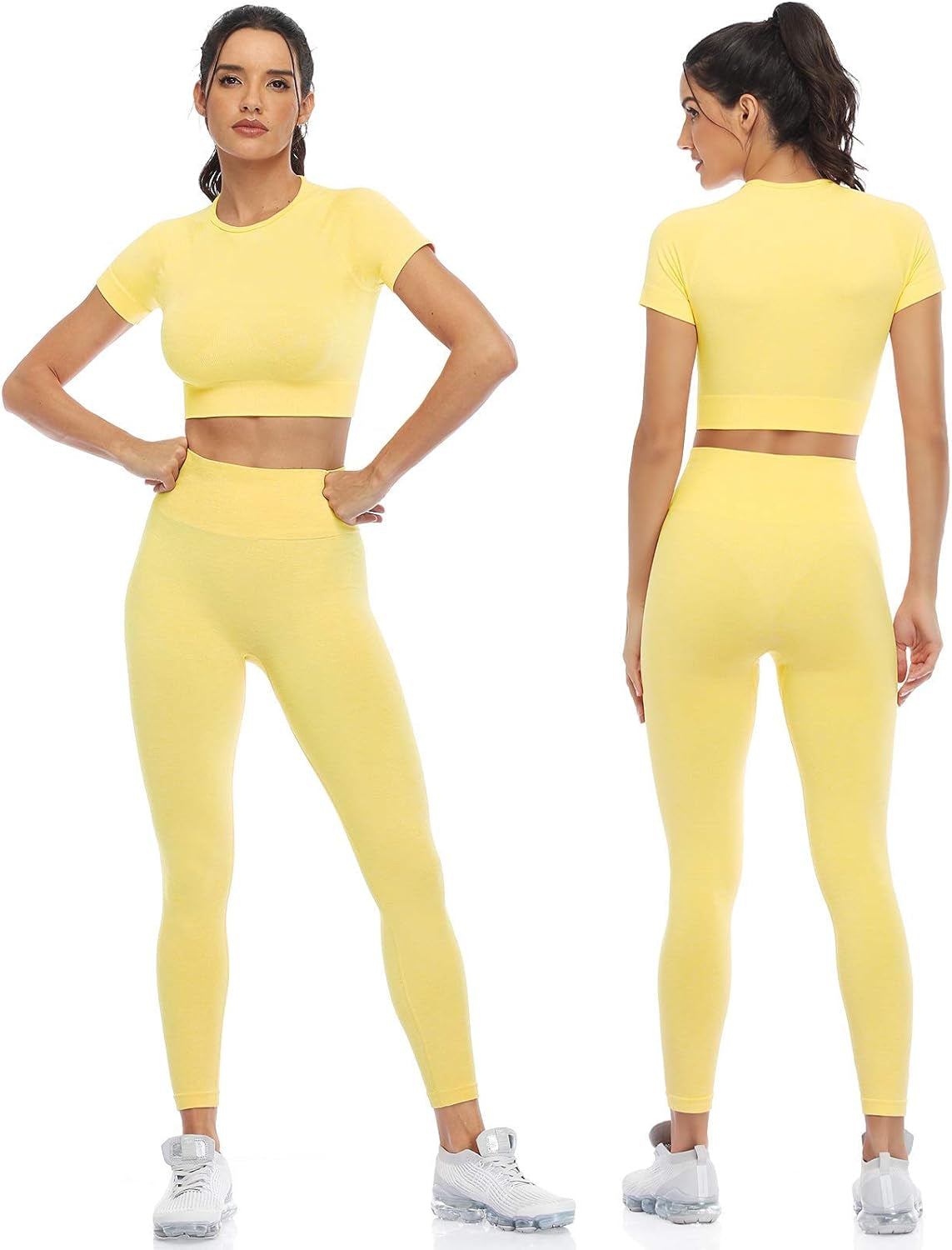 Workout Sets for Women Two Piece Outfits Seamless High Waist Leggings Yoga Crop Tops Athletic Sports Gym Sets(P005L-Yellow