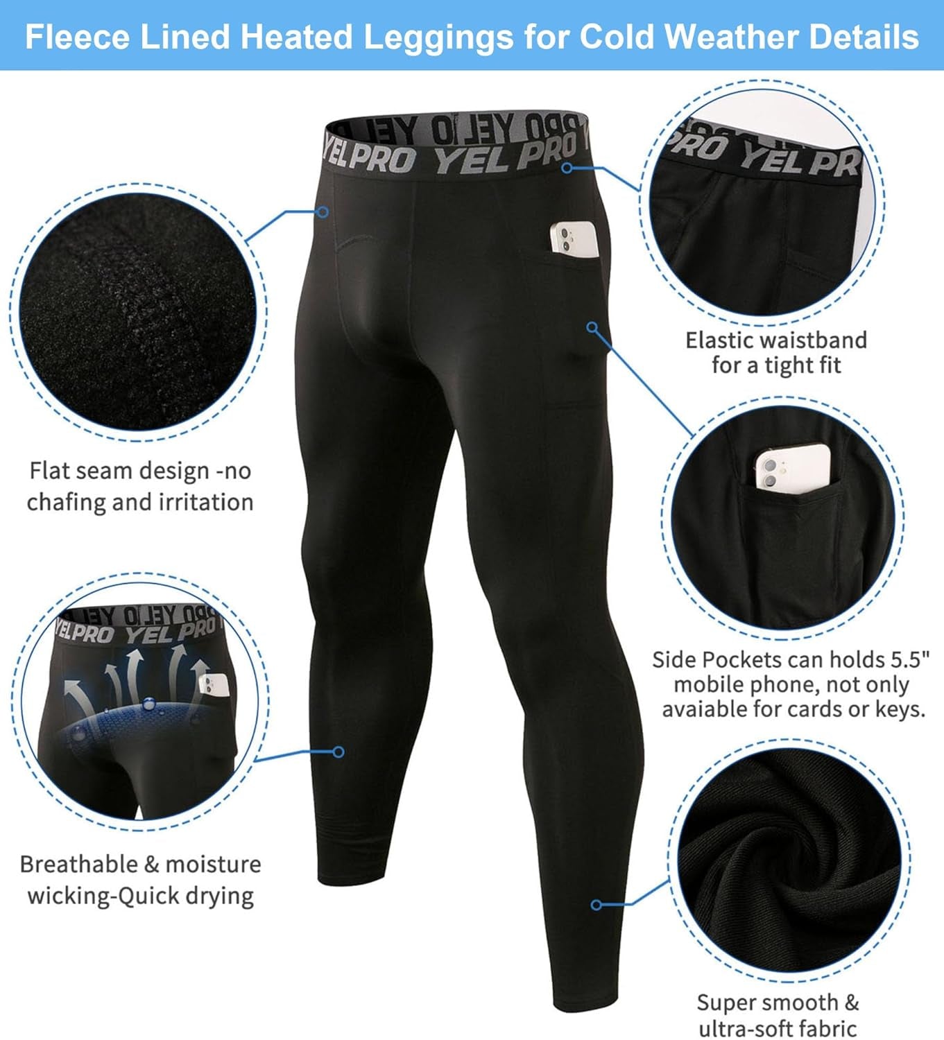 1 or 2 Pack Men'S Thermal Compression Pants Fleece Lined Sports Leggings Tights Cold Weather Base Layer Bottoms Winter