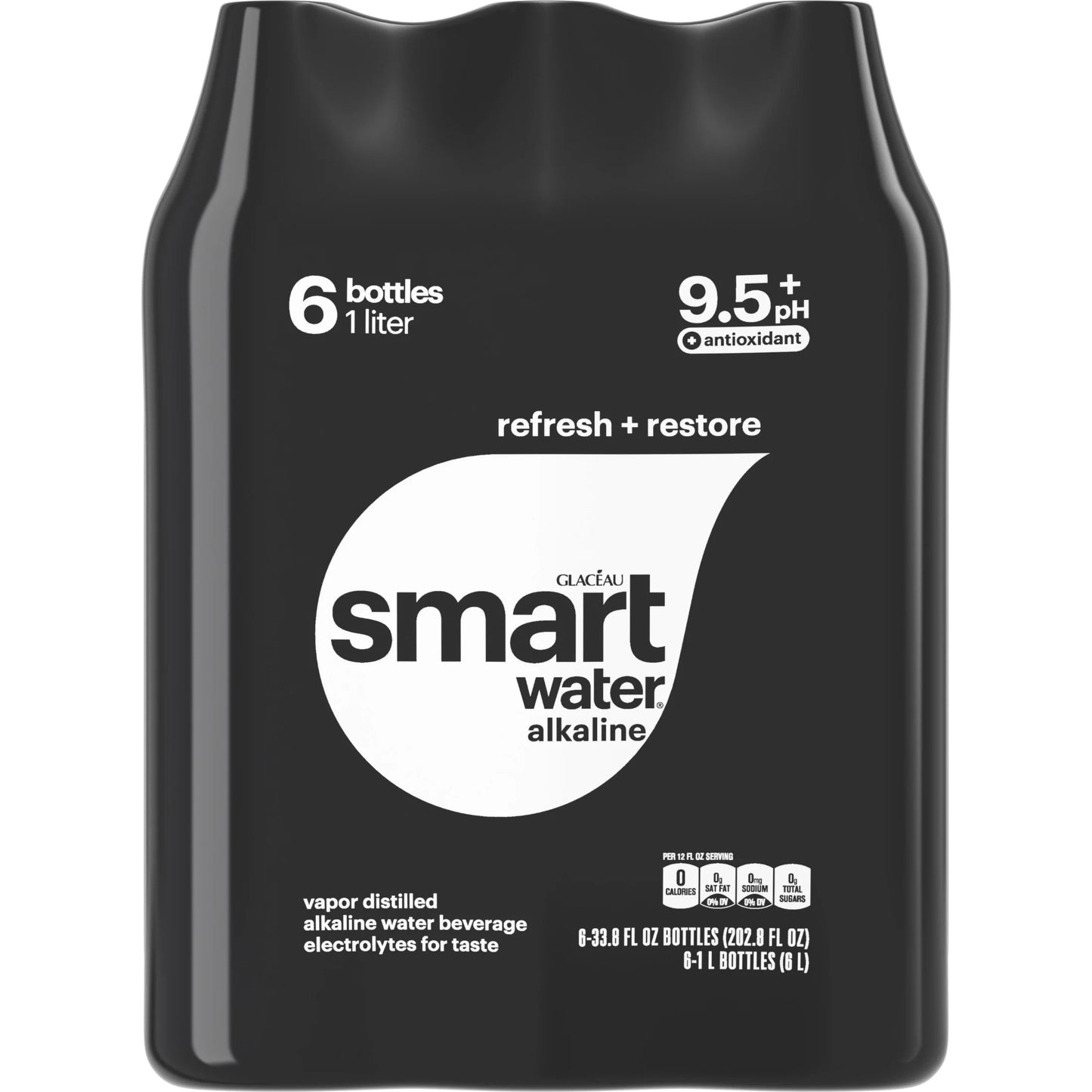 Smartwater Alkaline with Antioxidant Ionized Electrolyte Vapor-Distilled Water Bottles, 1L, 6 Pack