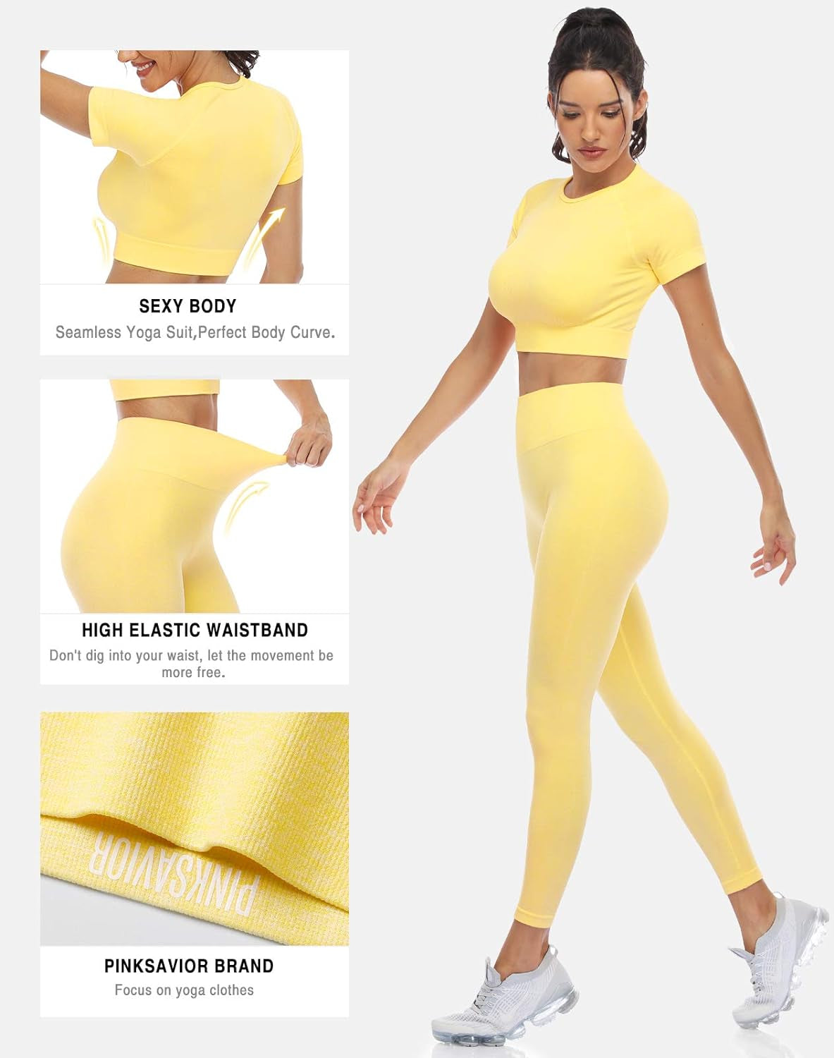 Workout Sets for Women Two Piece Outfits Seamless High Waist Leggings Yoga Crop Tops Athletic Sports Gym Sets(P005L-Yellow