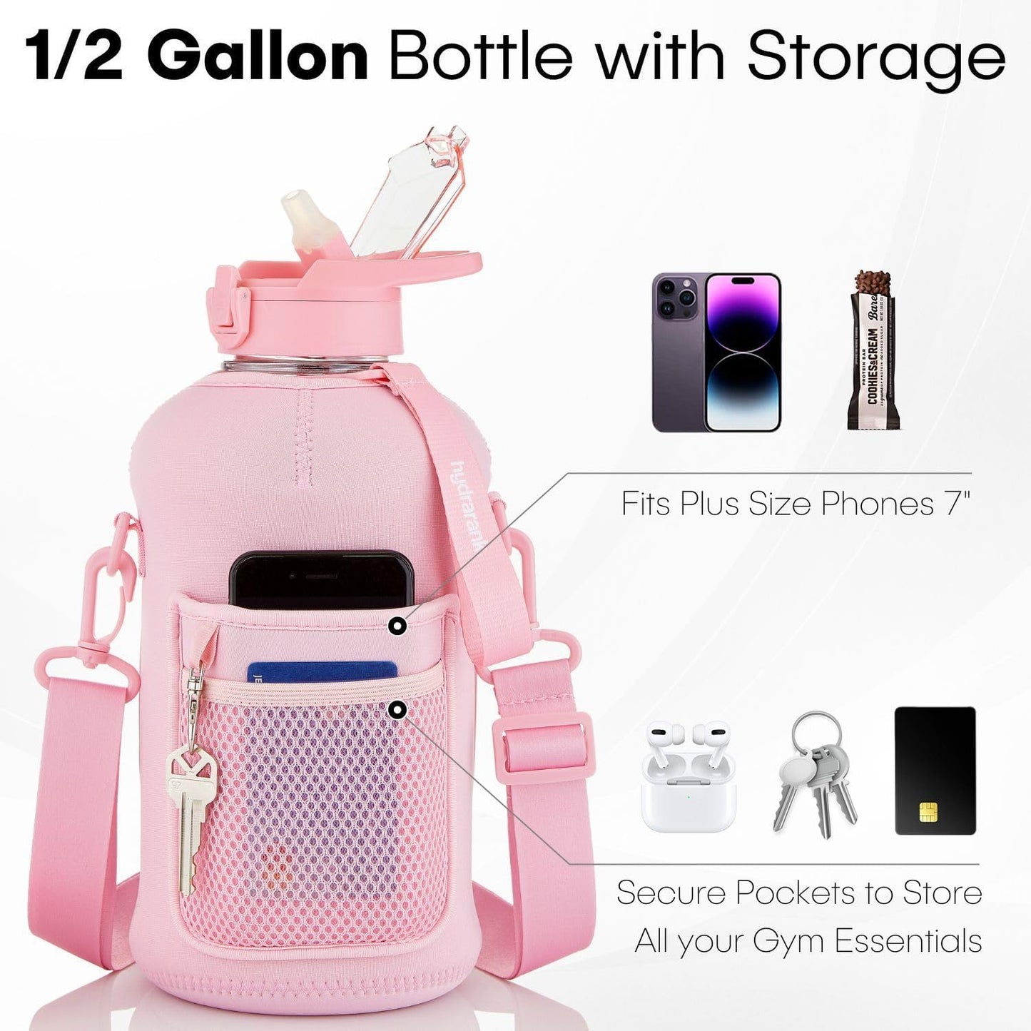 Half Gallon Water Bottle with Storage Sleeve and Straw Lid - BPA Free Large Gym Water Bottles for Women - Leak Proof - Reusable Pink Water Jug with Strap, Handle (74 Ounce)