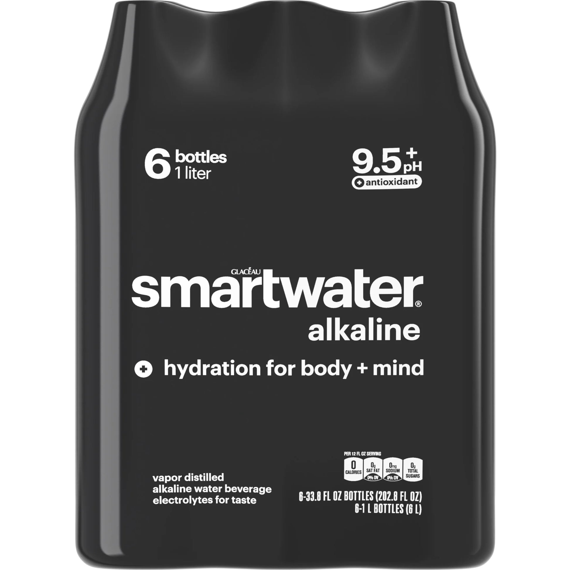 Smartwater Alkaline with Antioxidant Ionized Electrolyte Vapor-Distilled Water Bottles, 1L, 6 Pack