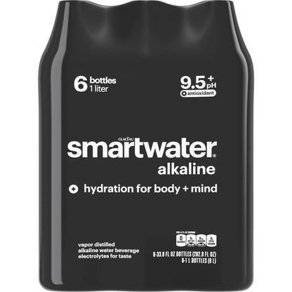 Smartwater Alkaline with Antioxidant Ionized Electrolyte Vapor-Distilled Water Bottles, 1L, 6 Pack