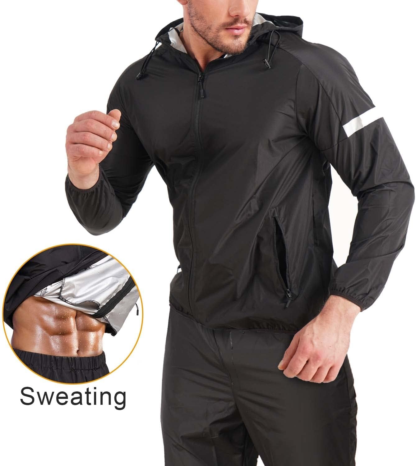 Sauna Suit for Men Sweat Sauna Jacket Weight Loss Workout Shirt Gym Fitness Long Sleeve Sweat Suits Zipper with Hood (Black, Large)