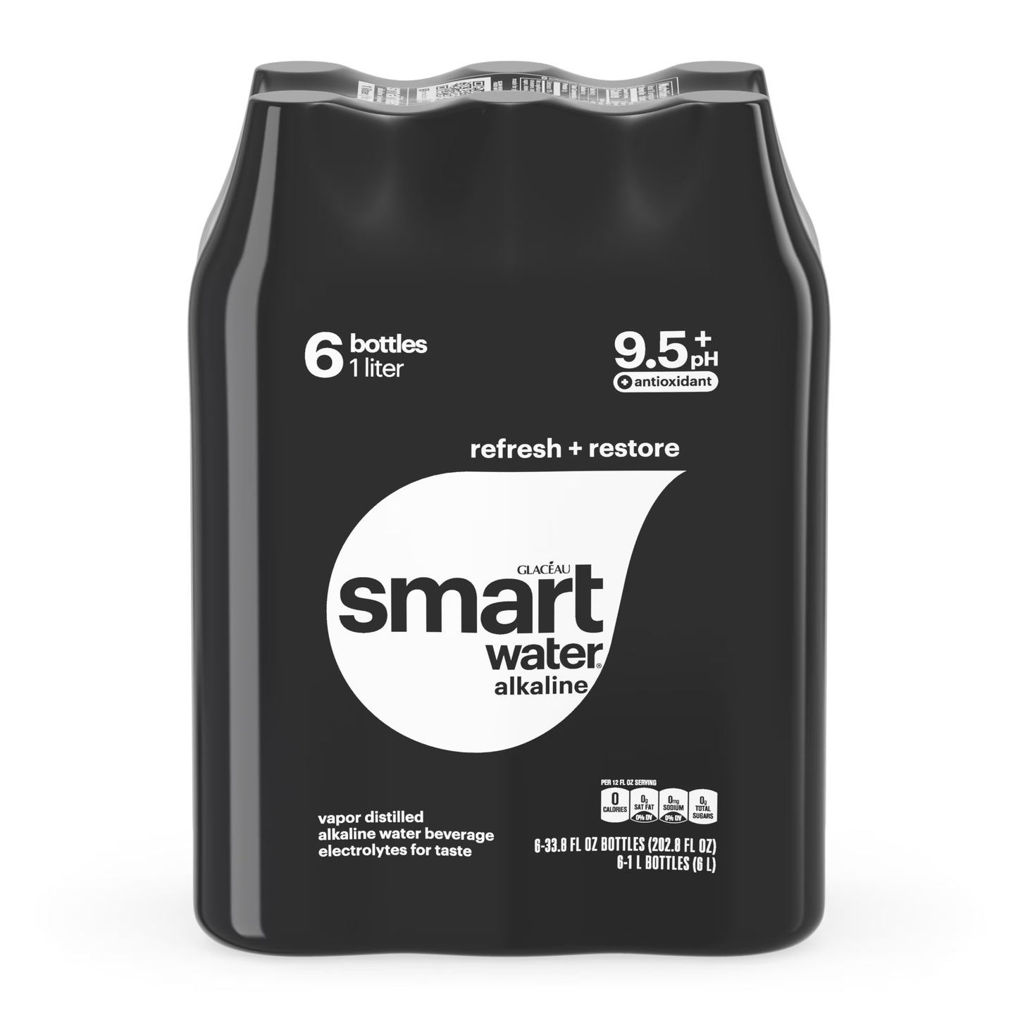 Smartwater Alkaline with Antioxidant Ionized Electrolyte Vapor-Distilled Water Bottles, 1L, 6 Pack