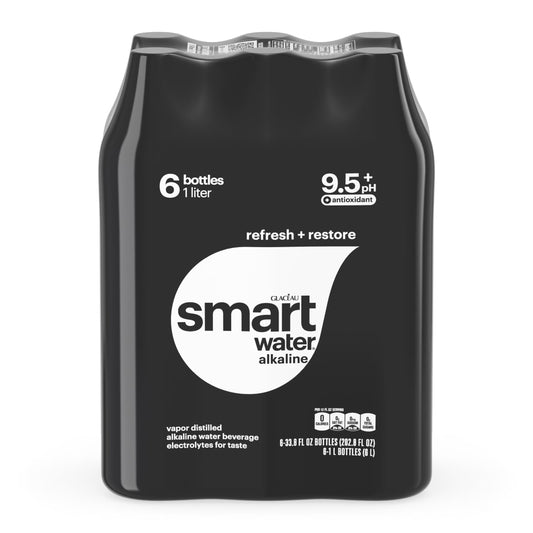 Smartwater Alkaline with Antioxidant Ionized Electrolyte Vapor-Distilled Water Bottles, 1L, 6 Pack