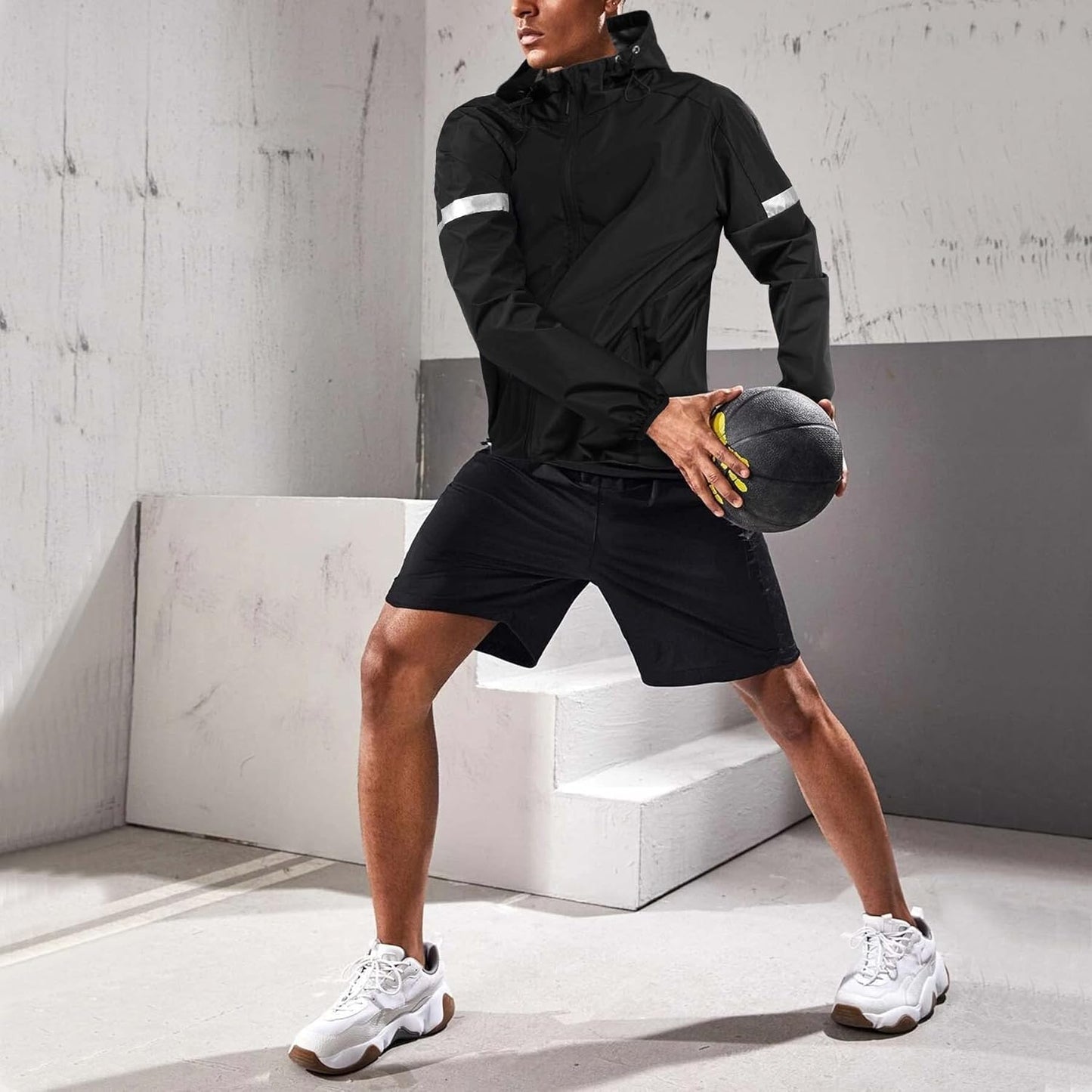 Sauna Suit for Men Sweat Sauna Jacket Weight Loss Workout Shirt Gym Fitness Long Sleeve Sweat Suits Zipper with Hood (Black, Large)
