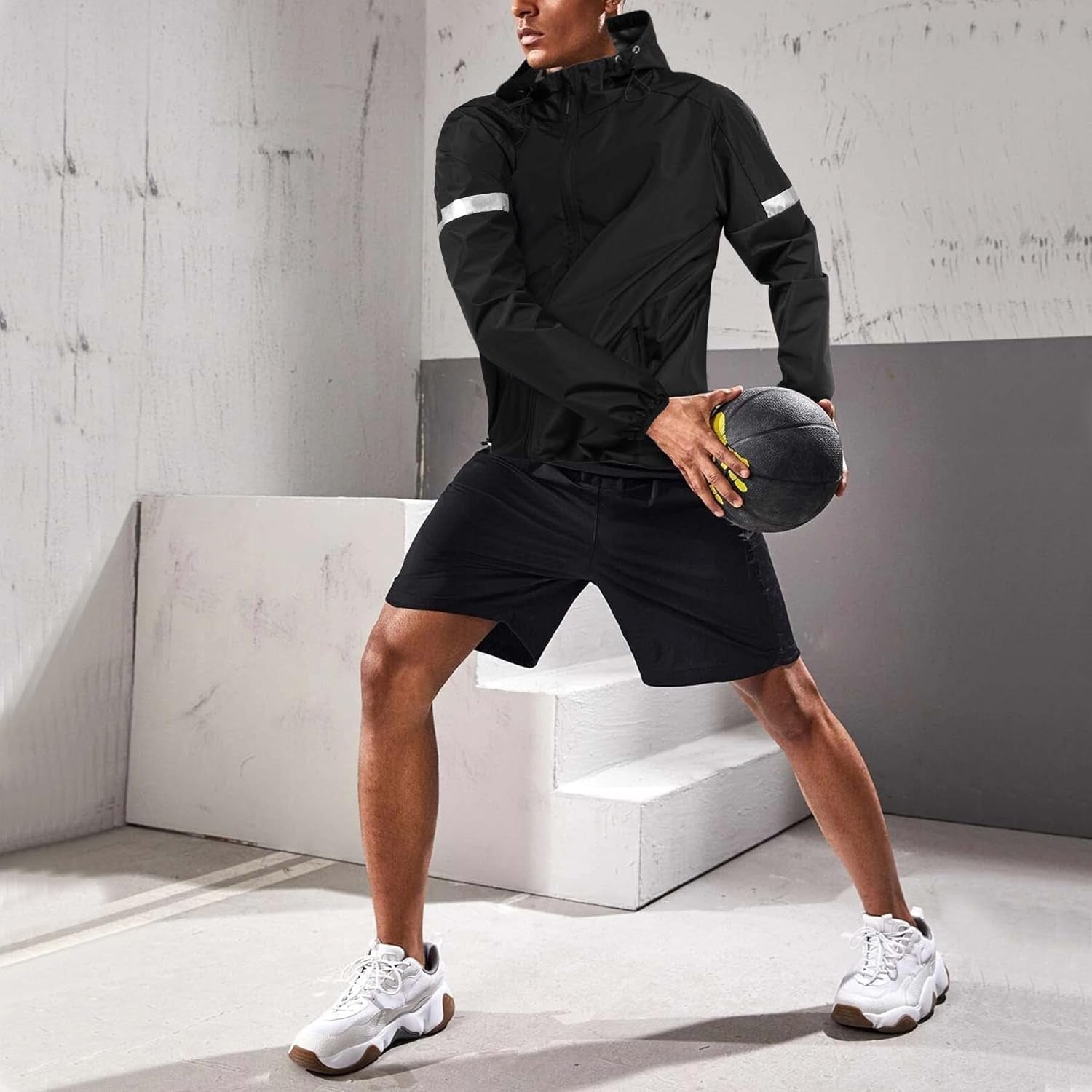 Sauna Suit for Men Sweat Sauna Jacket Weight Loss Workout Shirt Gym Fitness Long Sleeve Sweat Suits Zipper with Hood (Black, Large)