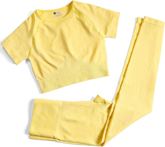 Workout Sets for Women Two Piece Outfits Seamless High Waist Leggings Yoga Crop Tops Athletic Sports Gym Sets(P005L-Yellow