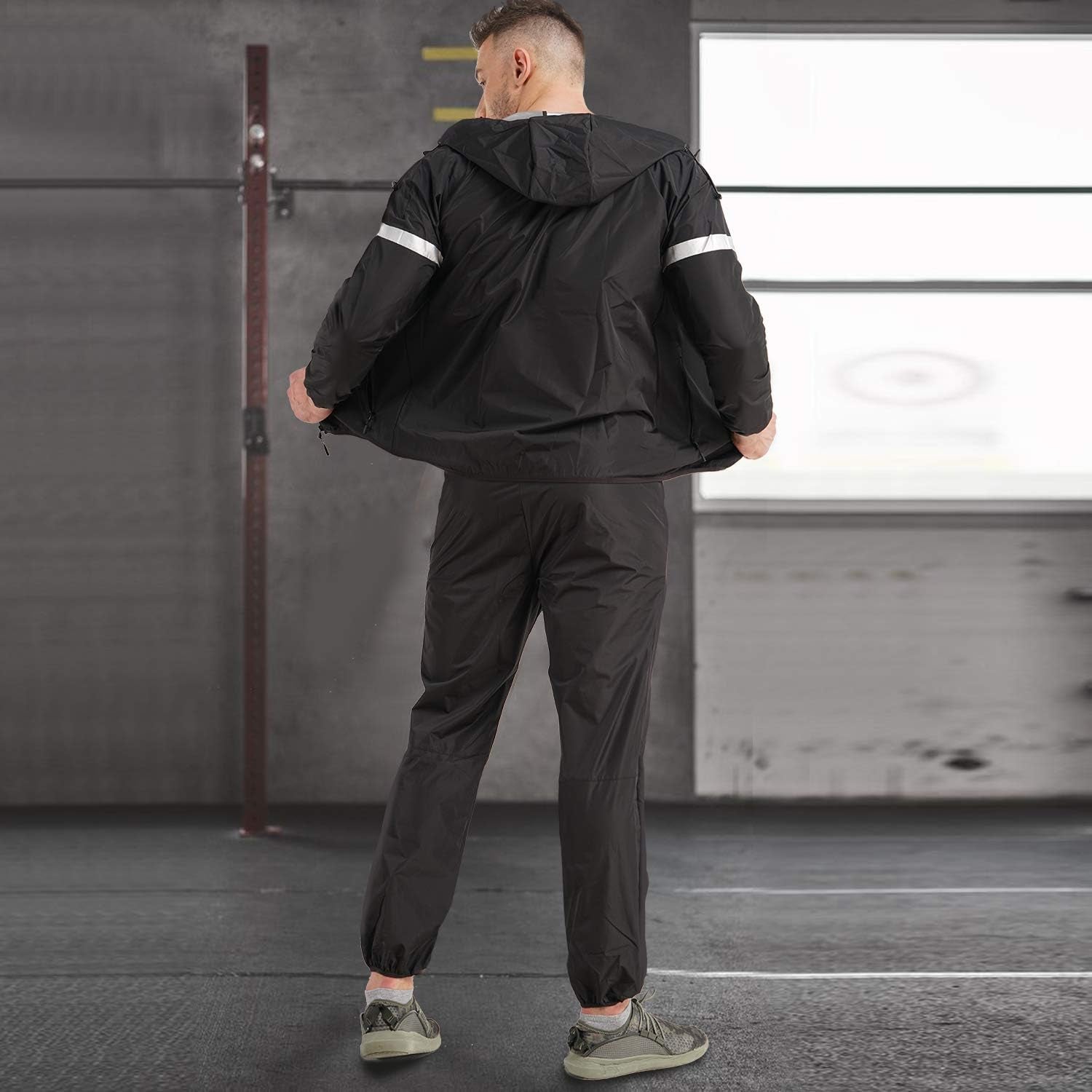 Sauna Suit for Men Sweat Sauna Jacket Weight Loss Workout Shirt Gym Fitness Long Sleeve Sweat Suits Zipper with Hood (Black, Large)