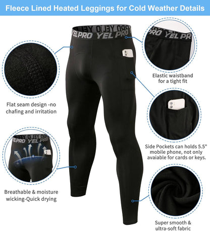 1 or 2 Pack Men'S Thermal Compression Pants Fleece Lined Sports Leggings Tights Cold Weather Base Layer Bottoms Winter