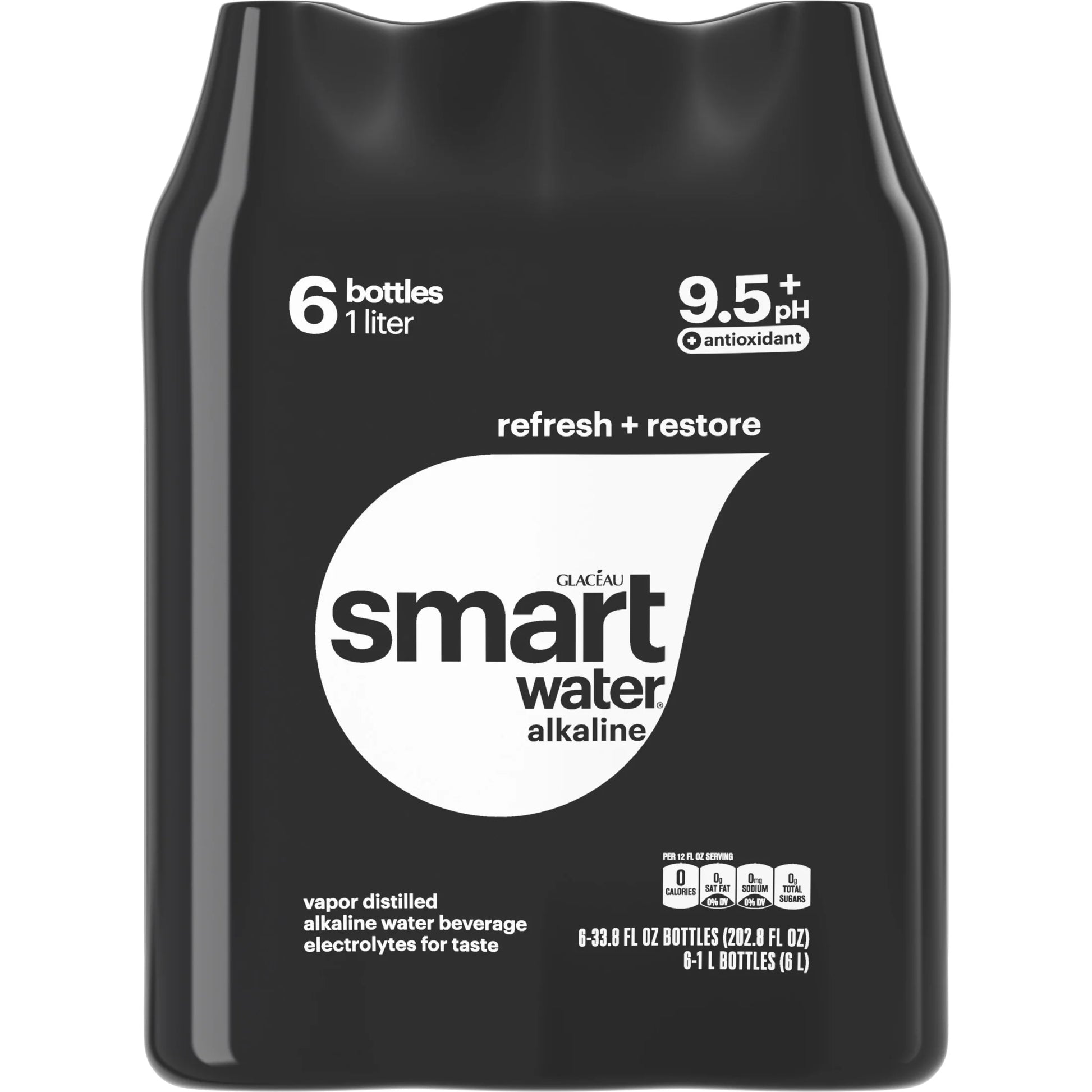 Smartwater Alkaline with Antioxidant Ionized Electrolyte Vapor-Distilled Water Bottles, 1L, 6 Pack