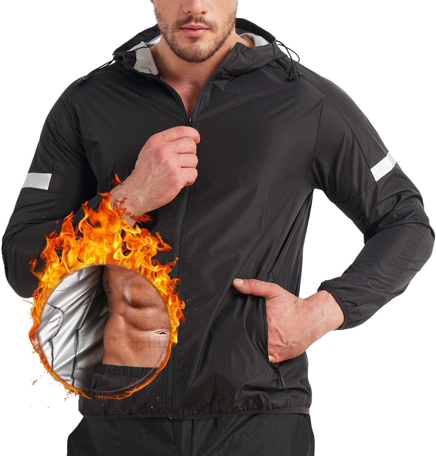 Sauna Suit for Men Sweat Sauna Jacket Weight Loss Workout Shirt Gym Fitness Long Sleeve Sweat Suits Zipper with Hood (Black, Large)
