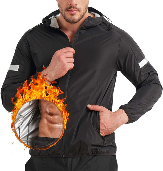 Sauna Suit for Men Sweat Sauna Jacket Weight Loss Workout Shirt Gym Fitness Long Sleeve Sweat Suits Zipper with Hood (Black, Large)