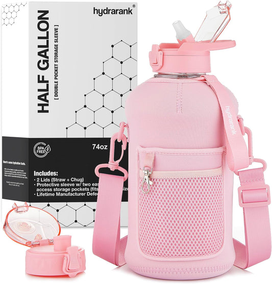 Half Gallon Water Bottle with Storage Sleeve and Straw Lid - BPA Free Large Gym Water Bottles for Women - Leak Proof - Reusable Pink Water Jug with Strap, Handle (74 Ounce)
