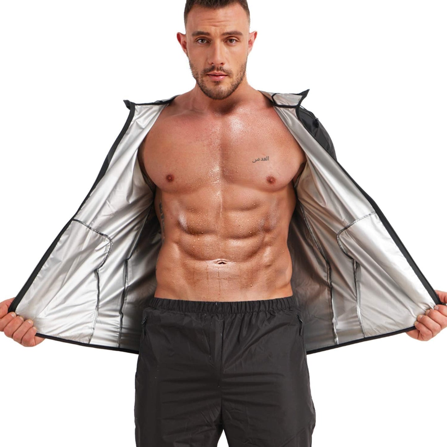 Sauna Suit for Men Sweat Sauna Jacket Weight Loss Workout Shirt Gym Fitness Long Sleeve Sweat Suits Zipper with Hood (Black, Large)